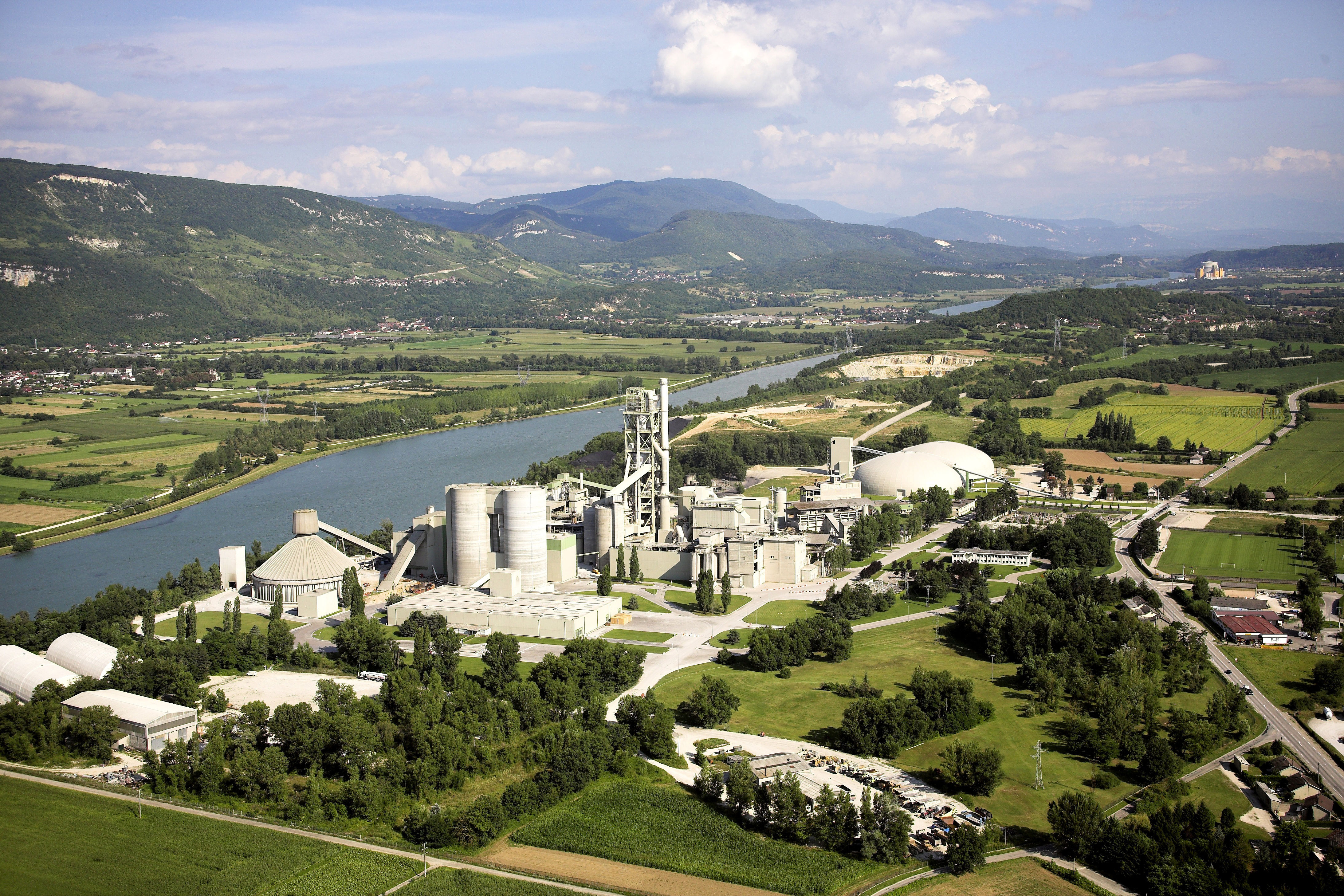 Aerial overview of Vicat's cement plant in Montalieu, France
