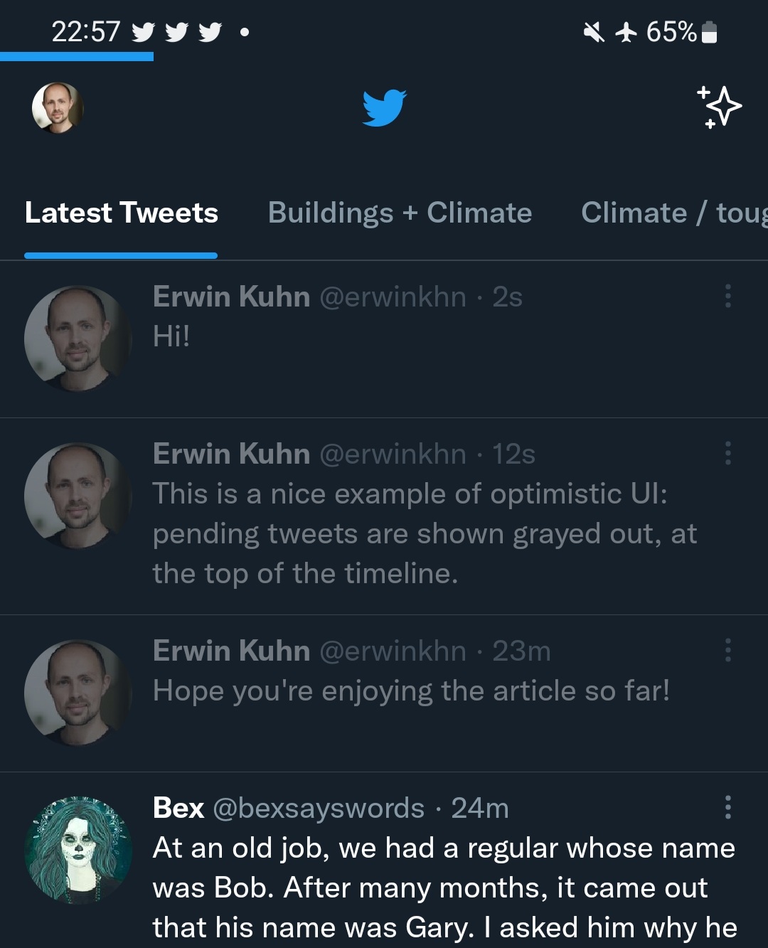 Twitter's timeline on their homescreen, with 3 pending tweets at the top, greyed out